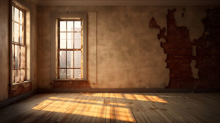 Sunlit empty room, exposed brick, city view.  Urban decay, renovation potential