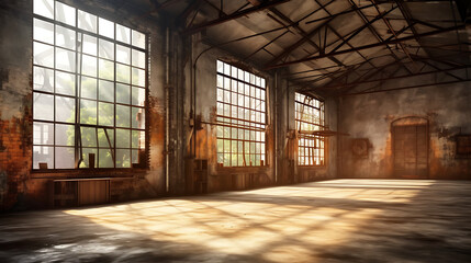 Sunlit abandoned factory interior, overgrown exterior, industrial space