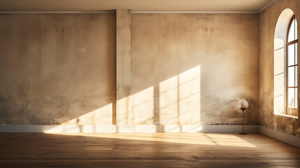 Sunlit empty room, arched window, textured walls, hardwood floor, interior design