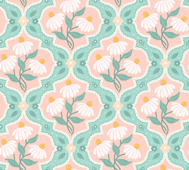 soft pastel colored in pink teal floral ogee seamless pattern, vector illustration repeat design print