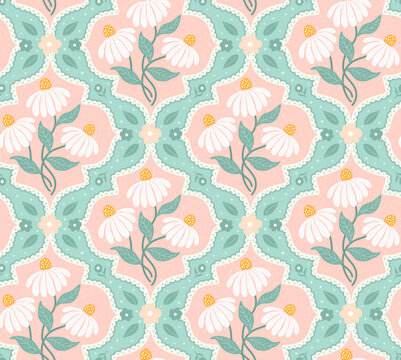 soft pastel colored in pink teal floral ogee seamless pattern, vector illustration repeat design print