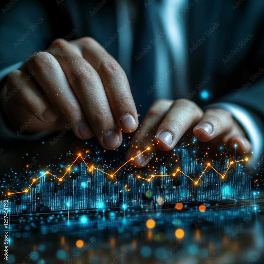Poster Analyzing Financial Data: Businessman Reviewing Interactive Stock Market Chart and Business Growth Statistics with Advanced Technology and Insight