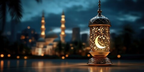 Obraz premium Illuminated islamic lantern and crescent moon with mosque silhouette at night cultural scene tranquil