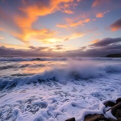 A sunset is over the ocean and the sun is setting