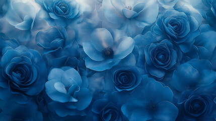 A close-up of blue roses on the right side, creating an abstract background with a gradient effect. The flowers have soft edges and are arranged in layers to form a floral pattern that conveys depth.