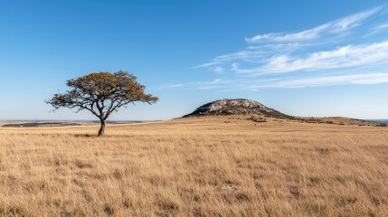 Open Savanna Landscape with Single Tree and Hill