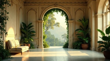 Fototapeta premium Serene Interior with Archway Opening to Lush Greenery and Distant Mountains