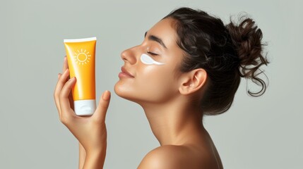 Young woman applying sunscreen on her face while holding a tube, showcasing skincare routine indoors