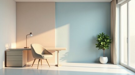 Fototapeta premium Serene Minimalist Home Office Workspace with Natural Light and a Modern Desk