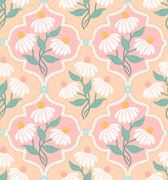  coneflowers floral ogee in pastel pink peach colors  seamless pattern, vector illustration repeat design print