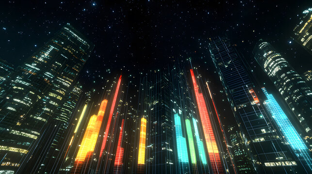 Futuristic Cityscape at Night with Neon Bar Charts on Skyscrapers