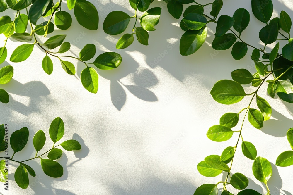 Wall mural Sunlight shadows green leaves frame white background