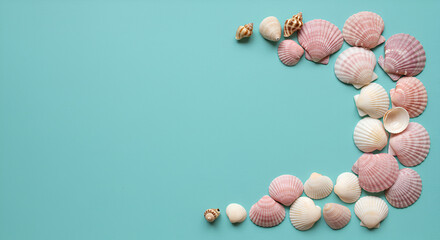 Pastel-colored seashells on a soft teal background, top view with copy space