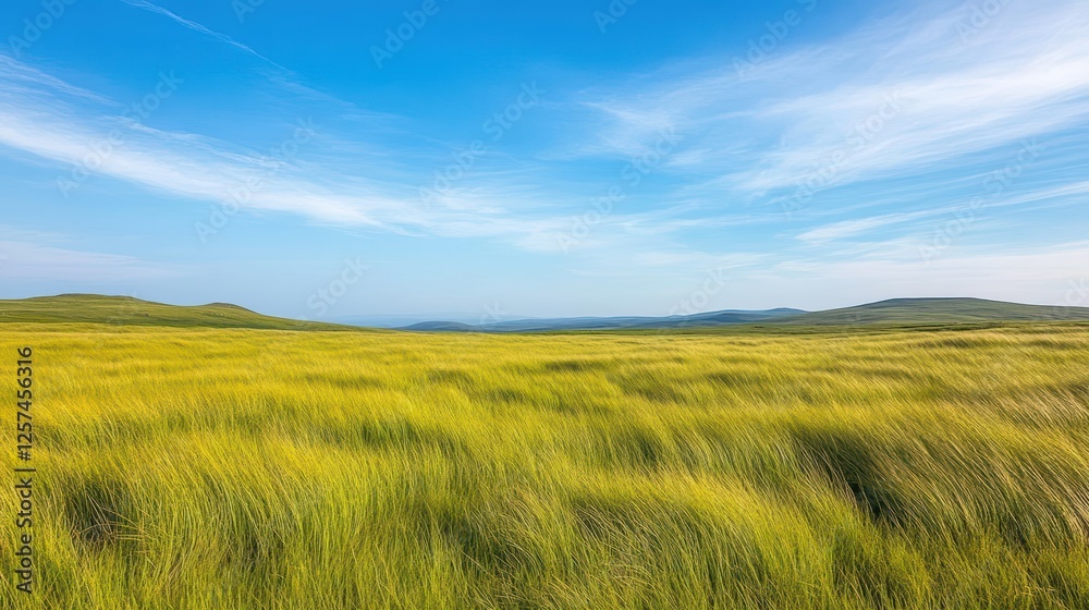Poster grassy field under a clear blue sky with clouds in a tranquil outdoor setting