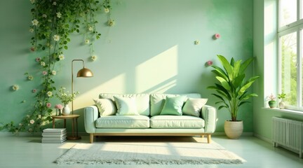 Serene Living Room Decor Light Green Walls, Mint Sofa, and Flourishing Floral Vines