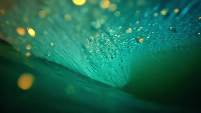Captivating underwater view of a wave curling with shimmering light reflections and vibrant colors