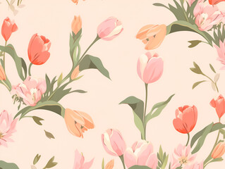Fototapeta premium Seamless Watercolor Tulip Pattern with Pink Bows