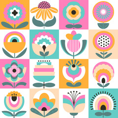 colorful abstract blooms flowers checkered seamless pattern, vector illustration repeat design print