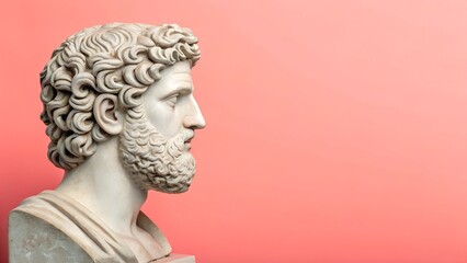Side profile of a detailed Greek marble bust with curly hair, presented against a soft coral gradient background. The classic sculpture stands out beautifully with copy space for customization.