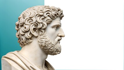 Obraz premium Greek marble bust with curly hair and a beard in profile, set against a modern geometric teal and white background. The blend of classical and contemporary art. Copy space for text or branding.