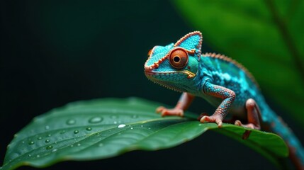 Obraz premium Vibrant Turquoise Chameleon Perched on Dew-Kissed Leaf in Lush Foliage