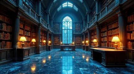 Fototapeta premium Grandiose library interior, illuminated by soft lamplight, showcasing towering bookshelves filled with antique volumes, and a reflective marble floor.