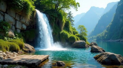 Serene Waterfall Plunging into a Crystal-Clear Mountain Lake, Wooden Dock Beckons for Peaceful Contemplation