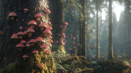 Mushrooms growing on tree trunk with sun rays and moss in forest
