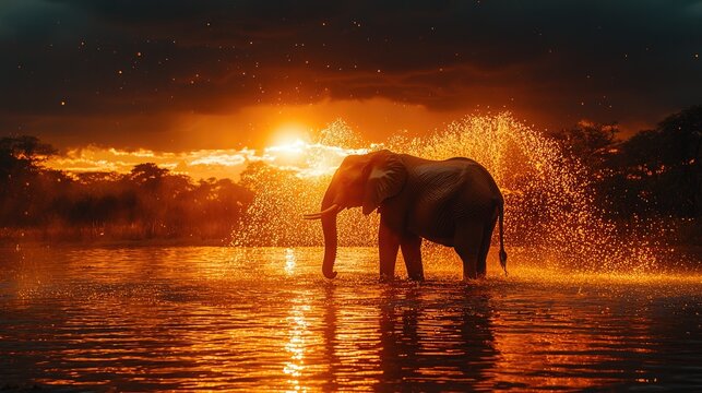 Majestic elephant splashing water at sunset in a serene landscape, evoking tranquility and wildlife