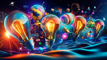 Innovative light bulbs illuminate vibrant digital landscape filled with colorful elements, showcasing creativity and technology in modern setting