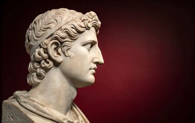 A classical marble bust of a young man with wavy hair, depicted in profile. The sculpture is illuminated against a dark red background, offering an elegant copy space for text or design elements.