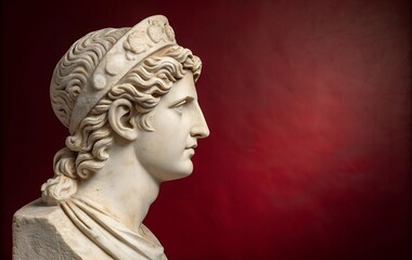 Fototapeta premium A marble bust of a young man, representing ancient Greek artistry, set against a dark red background with subtle texture. The dramatic lighting enhances details, leaving space for text or design eleme