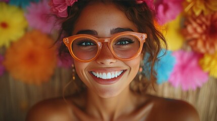 Joyful woman smiles brightly amidst colorful flowers.