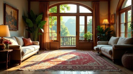 Sunlit Living Room with Serene Landscape View and Elegant Furnishings