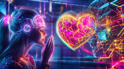 Neon glow illustration of woman connecting with glowing heart, symbolizing fusion of mind and emotion in vibrant digital world. captivating visual experience