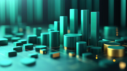 3D rendering of vibrant data visualization with teal and gold elements, showcasing various chart types like bars and circles, representing growth and analytics