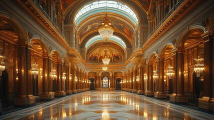Obraz premium Grand gilded hall, opulent chandeliers, marble floor.