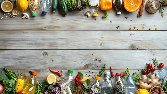 Fresh produce and recycled plastic bottles border a rustic wooden background; healthy eating and sustainability concept; ideal for food blogs or eco-conscious websites