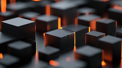 Abstract black geometric cubes with glowing orange edges, creating a futuristic digital aesthetic. Technology and innovation concept.
