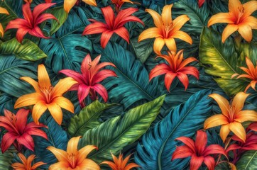 A vivid display of tropical flowers and foliage creates a colorful and eye-catching design.