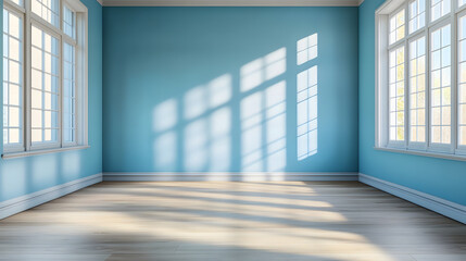 Sunlit Empty Room with Light Blue Walls and Hardwood Floor