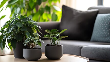 Three potted houseplants on a coffee table in a living room.