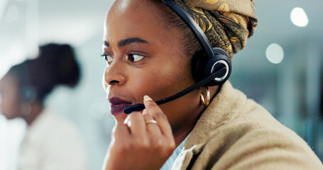Call centre, talking and woman with headset, serious and consulting for sales on website or...