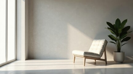 Serene Minimalist Room Featuring a Light Upholstered Chair and Indoor Plant in a Simple Pot, Bathed in Sunlight