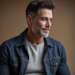 Obraz premium Handsome Middle Aged Man With Gray Hair Wearing Denim Jacket And Gray Shirt Against Neutral Backgrounds With Smile. Portrait Of A Man With Calm Expression. Casual Style. Confident And Mature Man