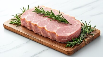 Fototapeta premium Smoked ham steak rosemary garnish wooden board marble
