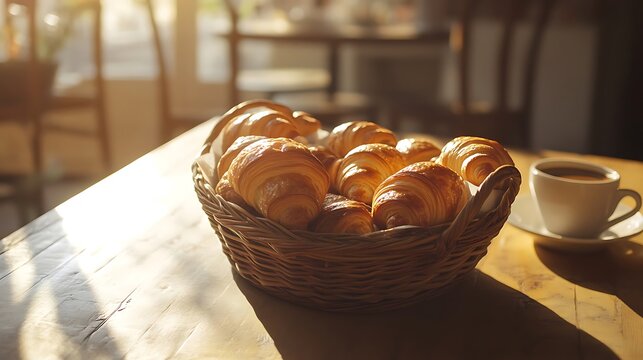 Freshly baked croissants served in a basket with a cup of coffee on a wooden table in a cozy cafe