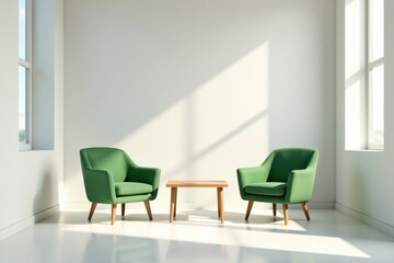 Serene Minimalist Room Featuring Two Green Armchairs and a Wooden Coffee Table, Bathed in Soft Sunlight
