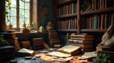 A sunlit study filled with aged tomes, scattered pages, and antique embellishments, suggesting a scholar's quiet contemplation amidst a collection of cherished literary treasures.