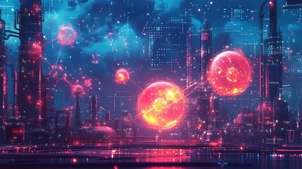 Fototapeta premium Abstract science-inspired design featuring glowing chemical bonds, laboratory equipment, and digital patterns